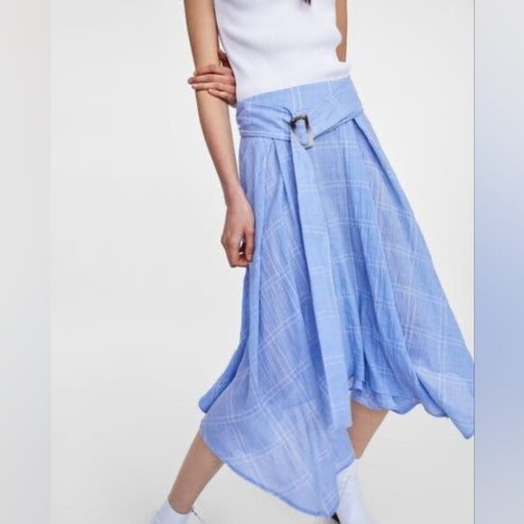 Zara Checked Asymmetrical Cotton Belted Midi Skirt Size S - Picture 7 of 8